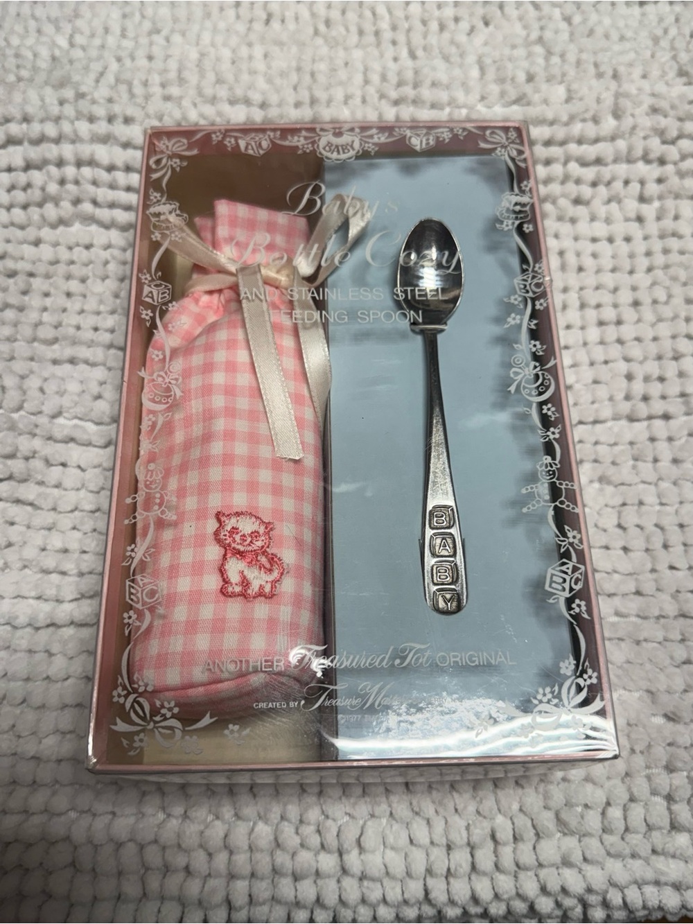 Vintage Baby Bottle Cozy & Stainless Steel Feeding Spoon Gift Set Pink Gingham